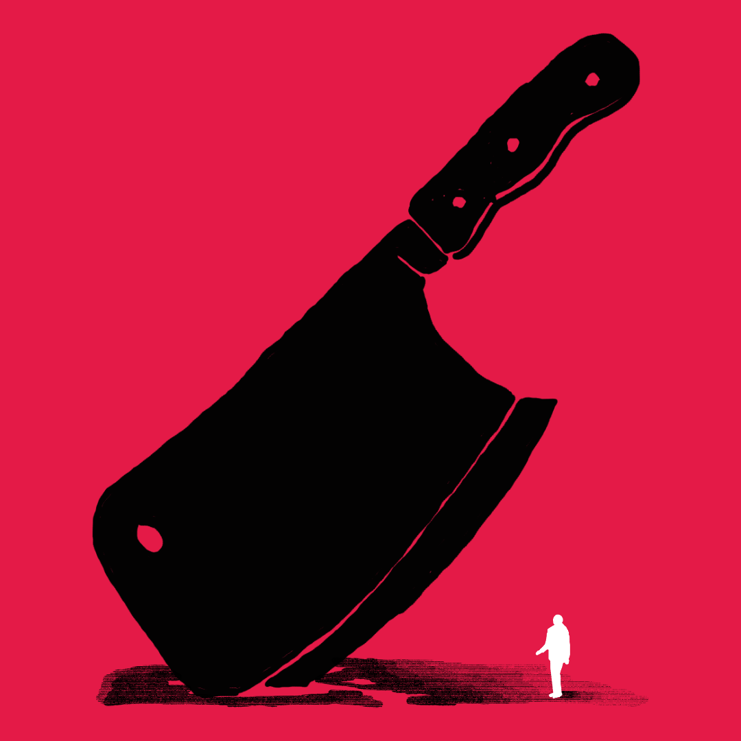 A giant cleaver hovers menacingly over a small figure on a red background.